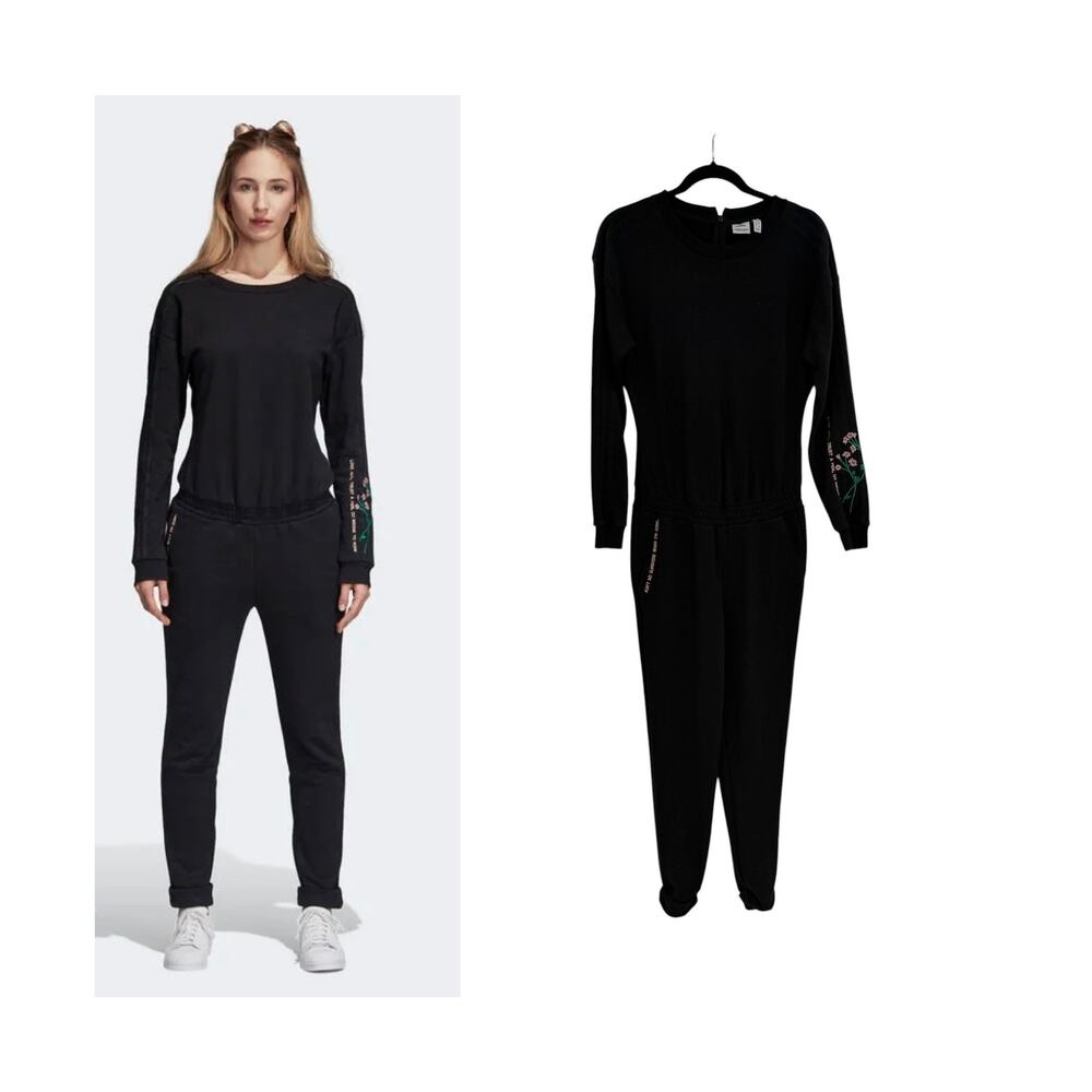 Adidas Originals Floral Embroidered Sweatshirt Jogger Jumpsuit Black Size XS